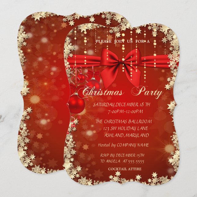 Christmas Red  Balls,Bow , Gold Corporated Party Invitation (Front/Back)