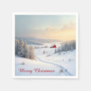 Christmas Red Barn In Snowy Country Napkin
