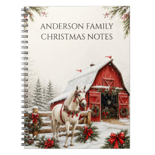 Christmas Red Barn White Horse Notes Notebook