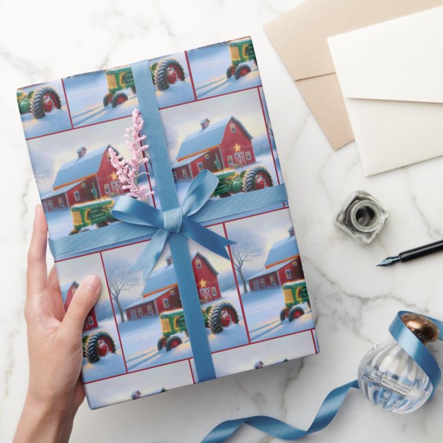 Christmas Red Barn With Green Tractor Wrapping Paper (Gifting)