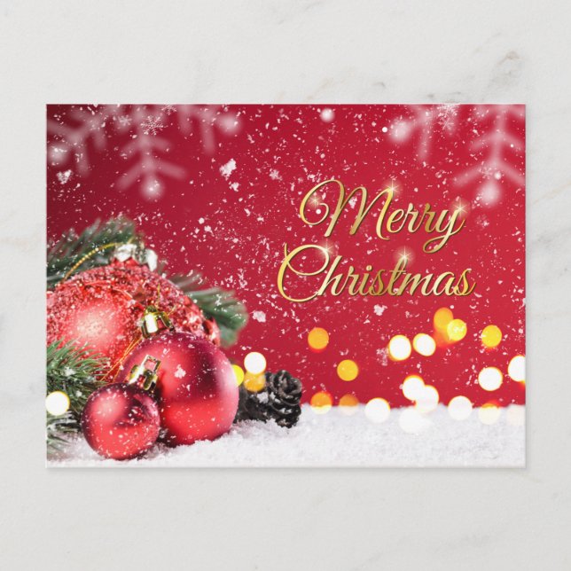 Christmas red baubles, spruce, cone holiday postcard (Front)