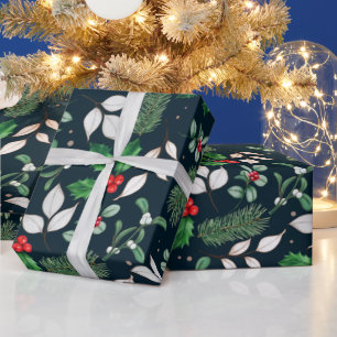 Christmas Red Berries and Green Leaves Black Wrapping Paper