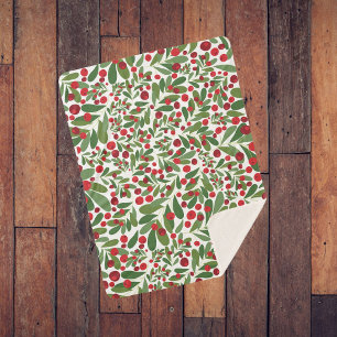 Christmas Red Berries Green Leaves White Pattern Sherpa Blanket