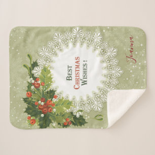Christmas Red Berries Green Wreath White Snowflake Sherpa Blanket