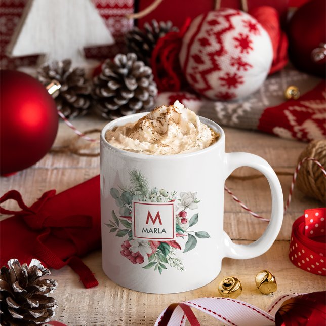 Christmas Red Berries Greenery Bouquet Monogram Coffee Mug (Creator Uploaded)