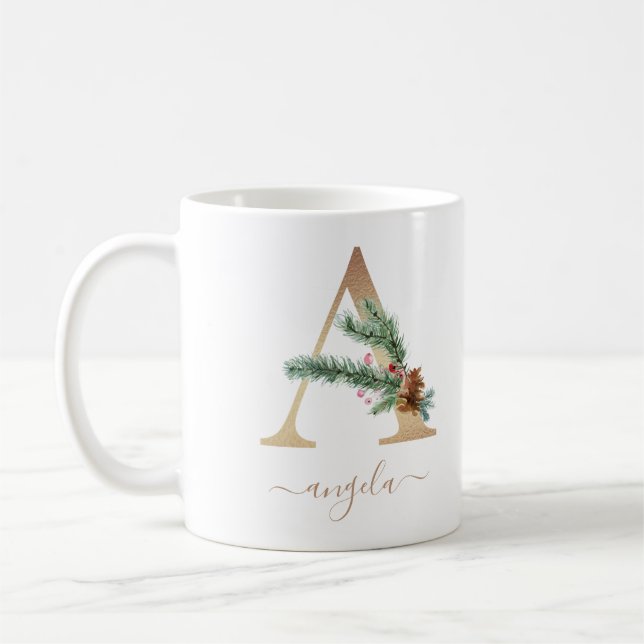Christmas Red Berries Greenery Gold Monogram A Coffee Mug (Left)