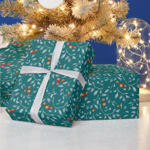 Christmas red berries pattern modern elegant teal wrapping paper