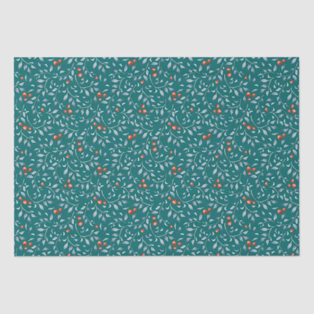 Christmas red berries pattern modern trendy teal tissue paper (Front)