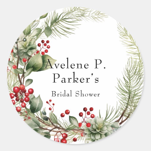 Christmas Red Berries Pine Bridal Shower Classic Round Sticker (Front)