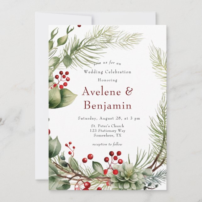 Christmas Red Berries Pine Wreath Wedding  Invitation (Front)