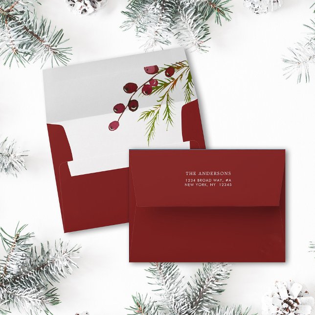 Christmas Red Berries Pre-Printed Address 5x7 Envelope (Inside & Back)