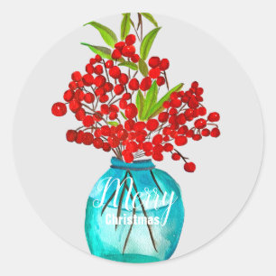 Christmas red berries watercolor art classic round sticker