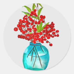 Christmas red berries watercolor art classic round sticker