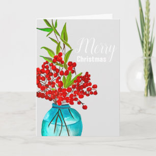 Christmas red berries watercolor art holiday card