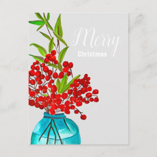 Christmas red berries  watercolor art holiday postcard