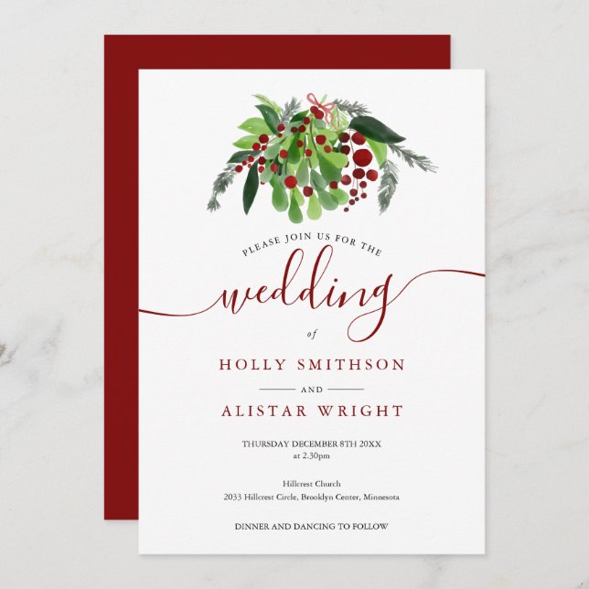 Christmas Red Berries Winter Wedding Invitation (Front/Back)