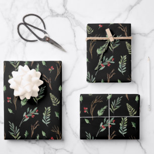 Christmas Red Berry Botanical Watercolor Black Wrapping Paper Sheet