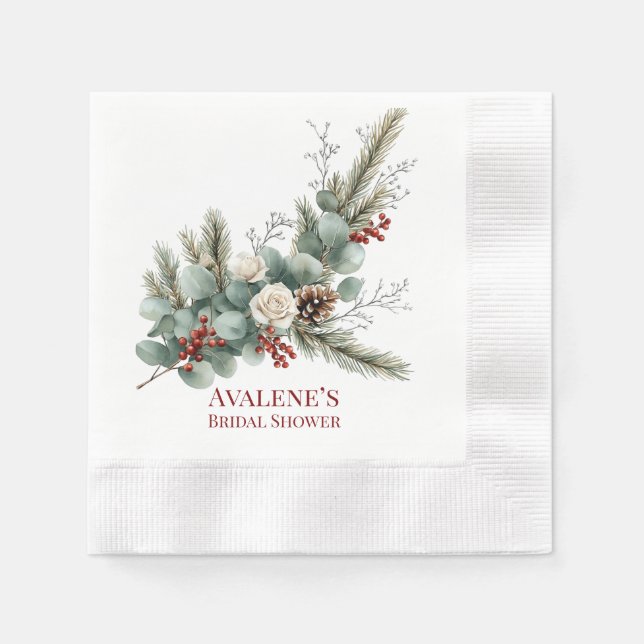 Christmas Red Berry White Rose Bridal Shower Napkin (Front)