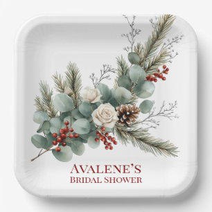 Christmas Red Berry White Rose Bridal Shower Paper Plate