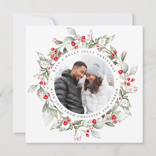 Christmas Red Berry Wreath Floral Photo Square Holiday Card (Front)