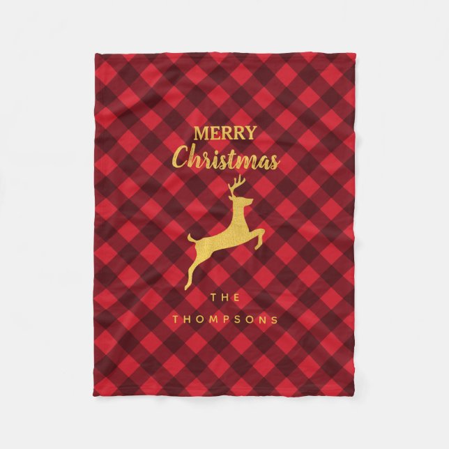 Christmas Red Black Buffalo Plaid Deer Fleece Blanket (Front)