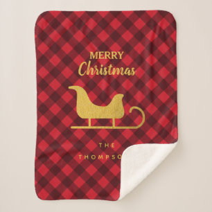 Christmas Red & Black Buffalo Plaid Santa Sleigh Sherpa Blanket