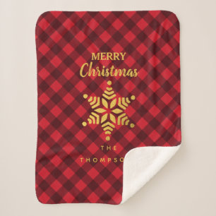 Christmas Red & Black Buffalo Plaid Star Snowflake Sherpa Blanket