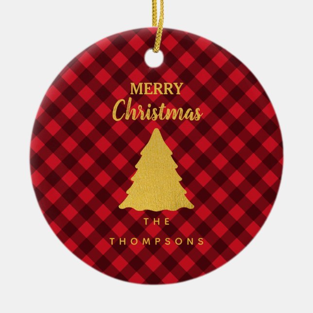 Christmas Red & Black Buffalo Plaid Xmas Tree Ceramic Tree Decoration (Front)