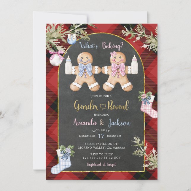 Christmas Red Black Plaid Cookie Gender Reveal Invitation (Front)