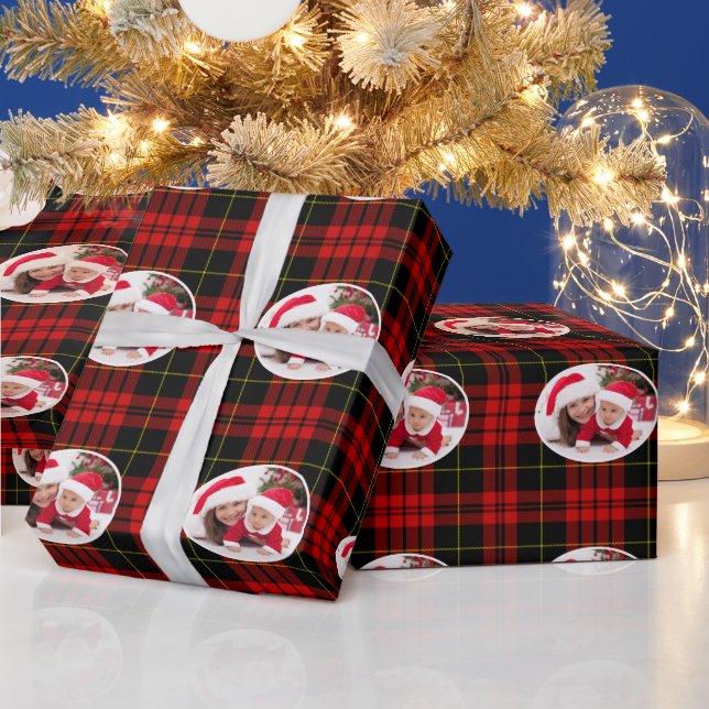 Christmas Red Black Tartan Plaid Add Photo Wrapping Paper (Holidays)