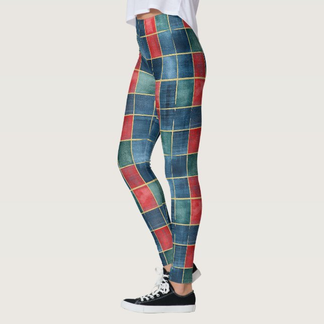 Christmas Red Blue Green Squares Leggings (Left)