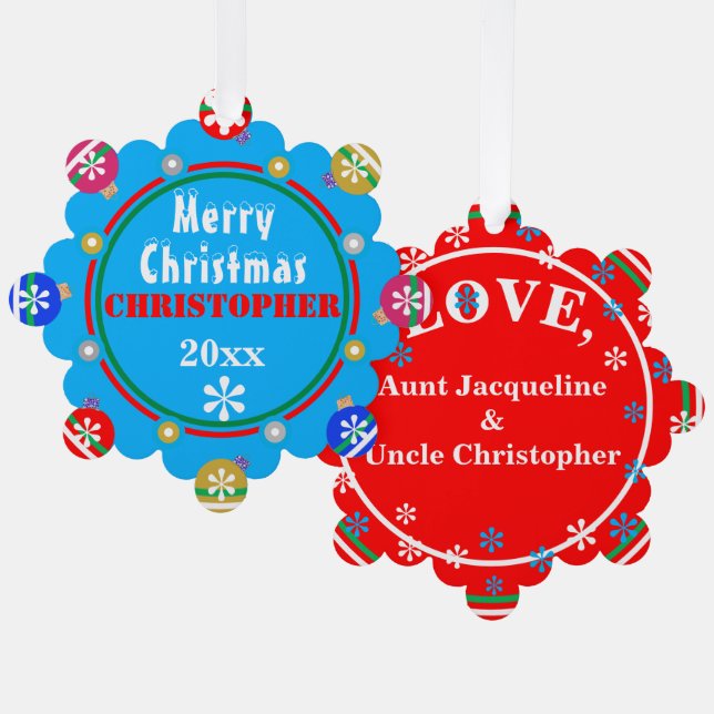 Christmas Red Blue Pink Gold Snowflakes NAME Tree Decoration Card (Front/Back)