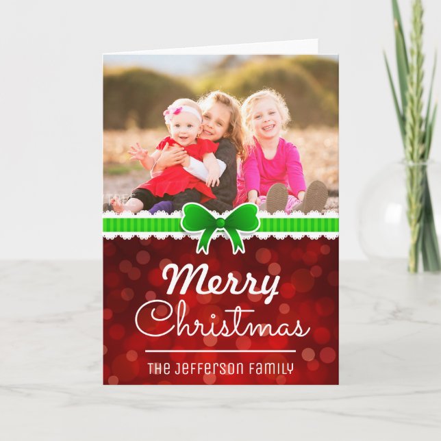 Christmas Red Bokeh Background Custom Family Photo Holiday Card (Front)