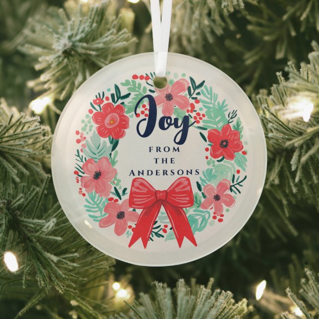 Christmas Red Bow Wreath Blue Joy Glass Tree Decoration (Insitu)