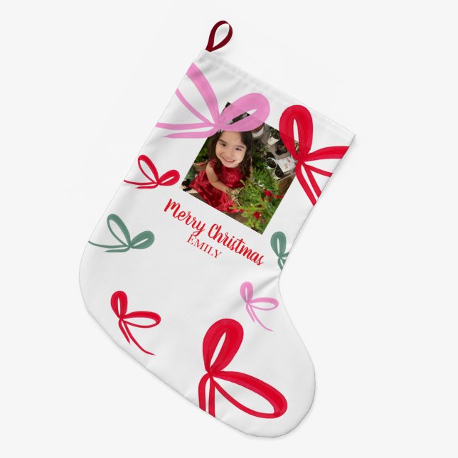 Christmas Red Bows Multicolor Doodle Photo Large Christmas Stocking (Front (Hanging))