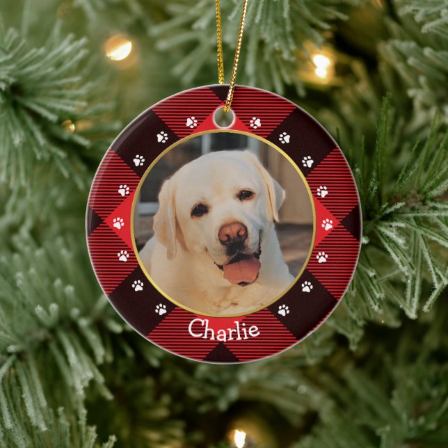 Christmas Red Buffalo Check Plaid Dog Photo & Name Ceramic Tree Decoration (Tree)