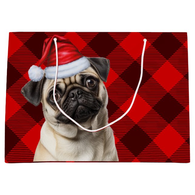 Christmas Red Buffalo Plaid Pug Dog Lover Large Gift Bag (Front)