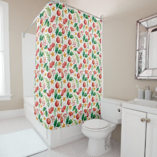 Christmas Red Bulbs, Poinsettia Parts and Nut   Shower Curtain