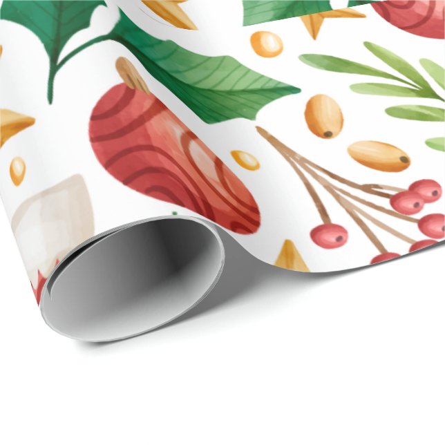 Christmas Red Bulbs, Poinsettia Parts and Nuts Wrapping Paper (Roll Corner)