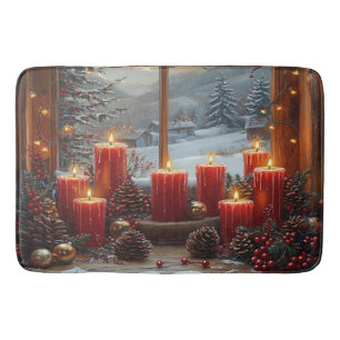Christmas Red Candles Pine Cones Winter View Bath Mat
