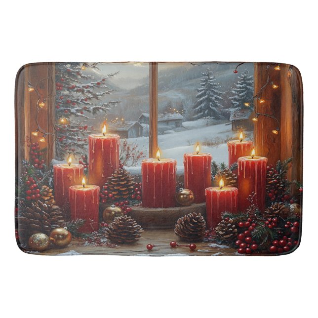 Christmas Red Candles Pine Cones Winter View  Bath Mat (Front)