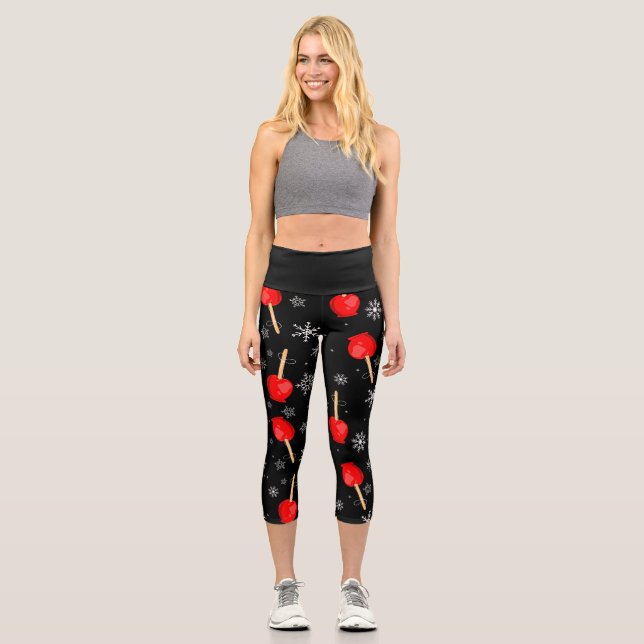 christmas red candy apples black  capri leggings (Front)