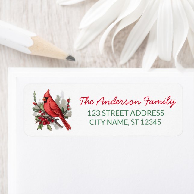 Christmas Red Cardinal and Berries Return Address (Insitu)