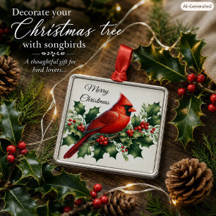 Christmas Red Cardinal and Holly  Metal Tree Decoration