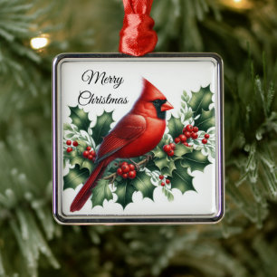 Christmas Red Cardinal and Holly  Metal Tree Decoration