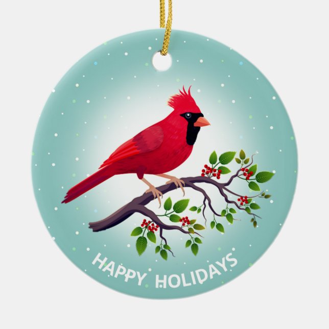 Christmas Red Cardinal Bird on Teal  Ceramic Tree Decoration (Front)