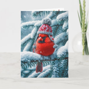 Christmas Red Cardinal Bird Wearing Winter Hat Holiday Card