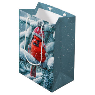 Christmas Red Cardinal Bird Wearing Winter Hat Medium Gift Bag