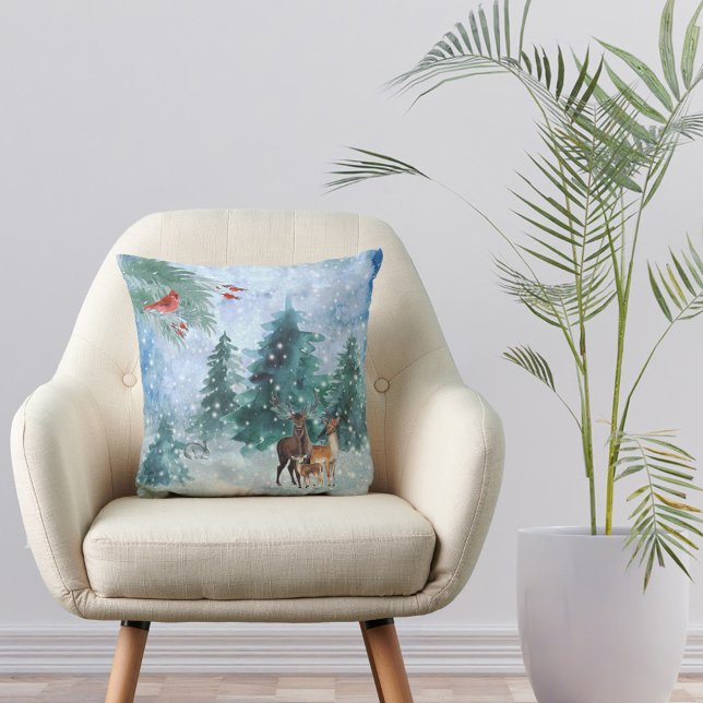 Christmas Red Cardinal Deer Trees Watercolor Cushion (Creator Uploaded)