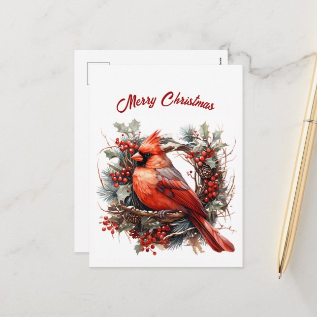 Christmas Red Cardinal Illustration Holiday Postcard (Front/Back In Situ)